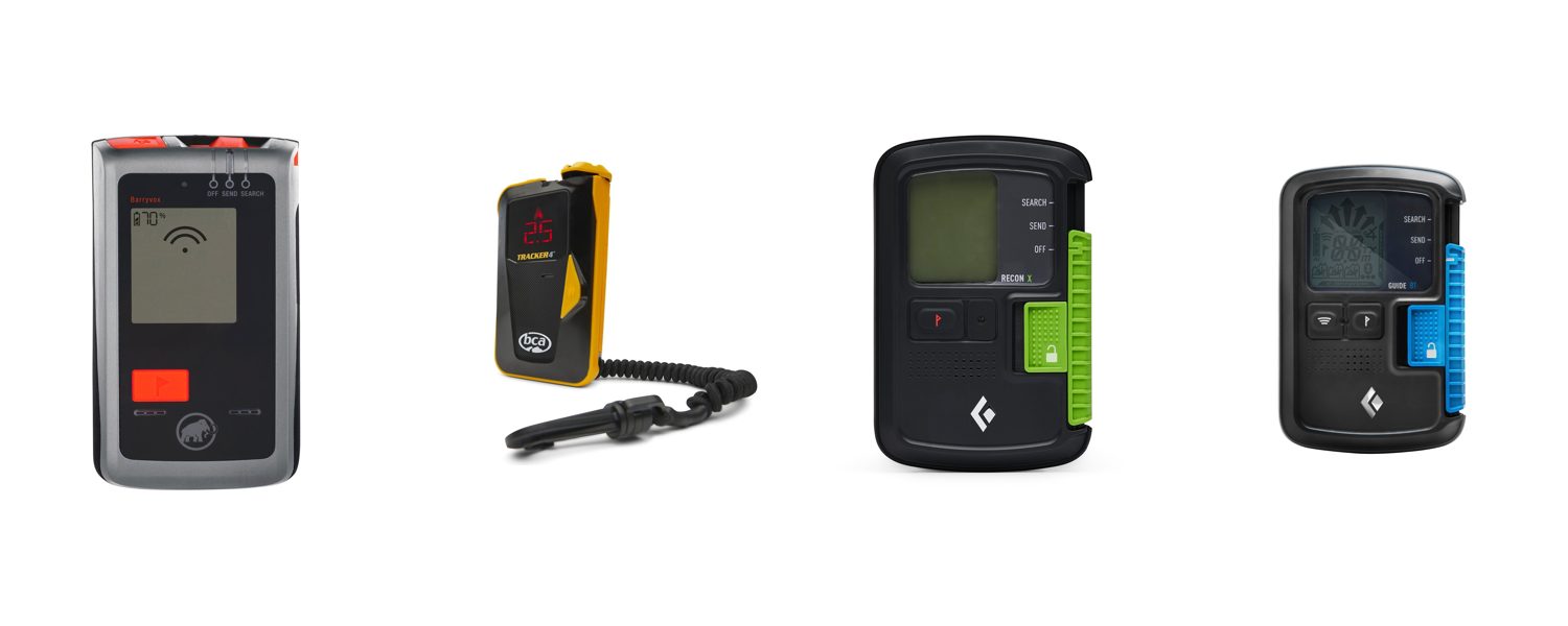 Product lineup: Mammut Barryvox, BCA Tracker 4, Black Diamond Recon X, Black Diamond Guide BT