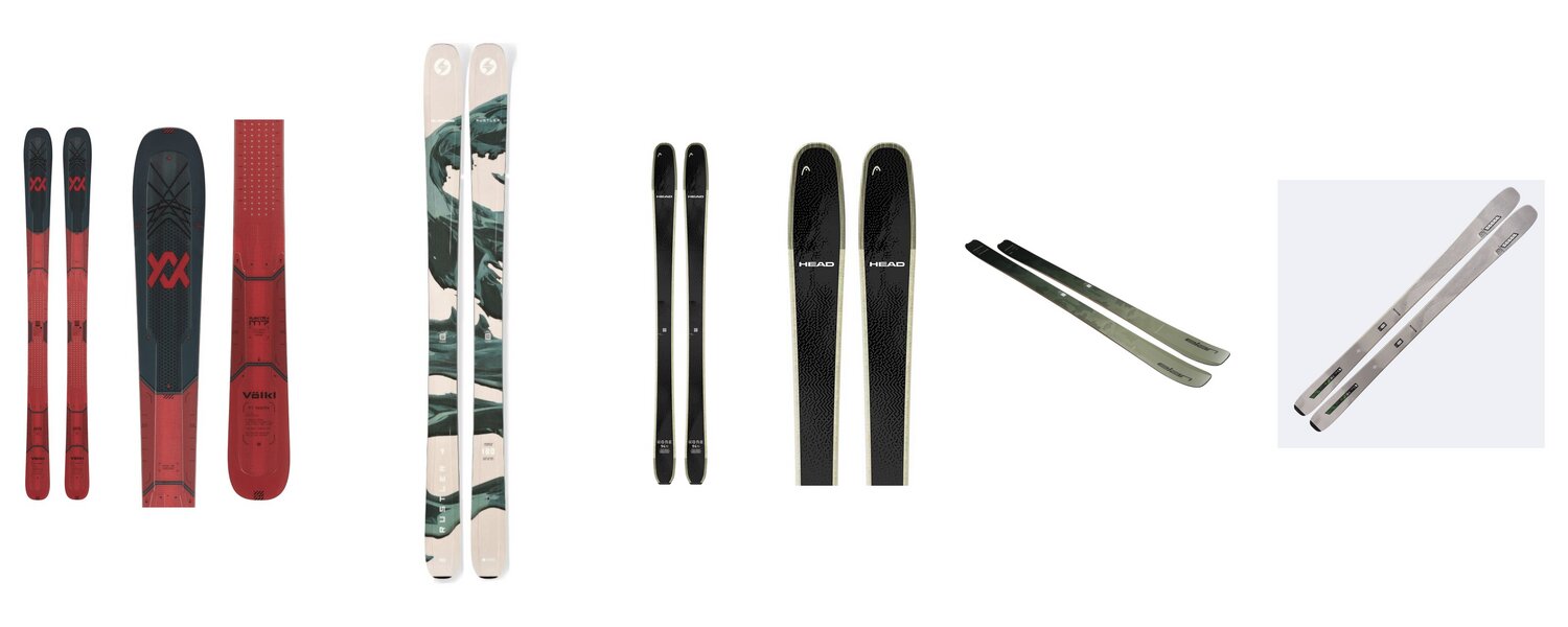 Product lineup: Volkl M7 Mantra, Blizzard Rustler 9, Head Kore 94 Ti, Elan Ripstick 96, K2 Mindbender 90C