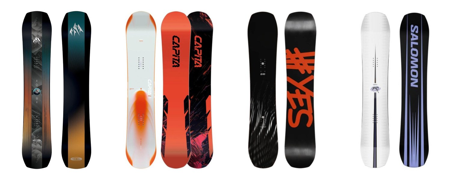 All-mountain snowboard lineup: Jones Mountain Twin, Capita Mercury, Yes Standard, Salomon Assassin