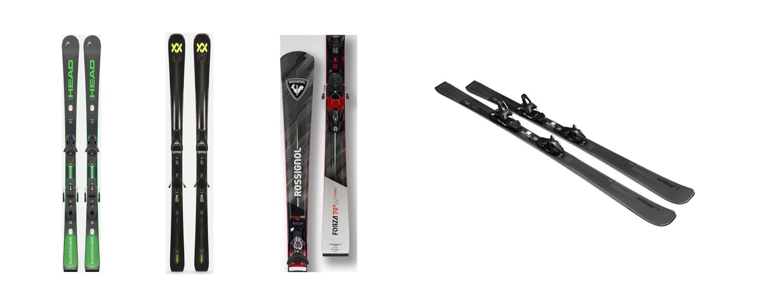 Carving ski lineup: Head Supershape e-Magnum, Völkl Peregrine 82, Rossignol Forza 70 Ti, Elan Wingman 78 C