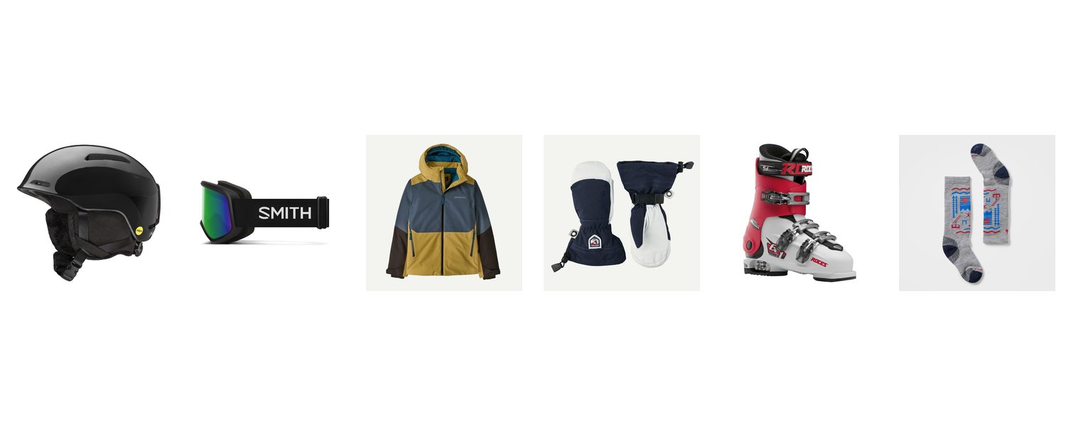 Product lineup: Smith Glide Jr. MIPS helmet, Smith Snowday goggles, Patagonia Kids' Powder Town jacket, Hestra Heli Ski Jr. mitt, Roces Idea Free boots, Smartwool kids' ski socks