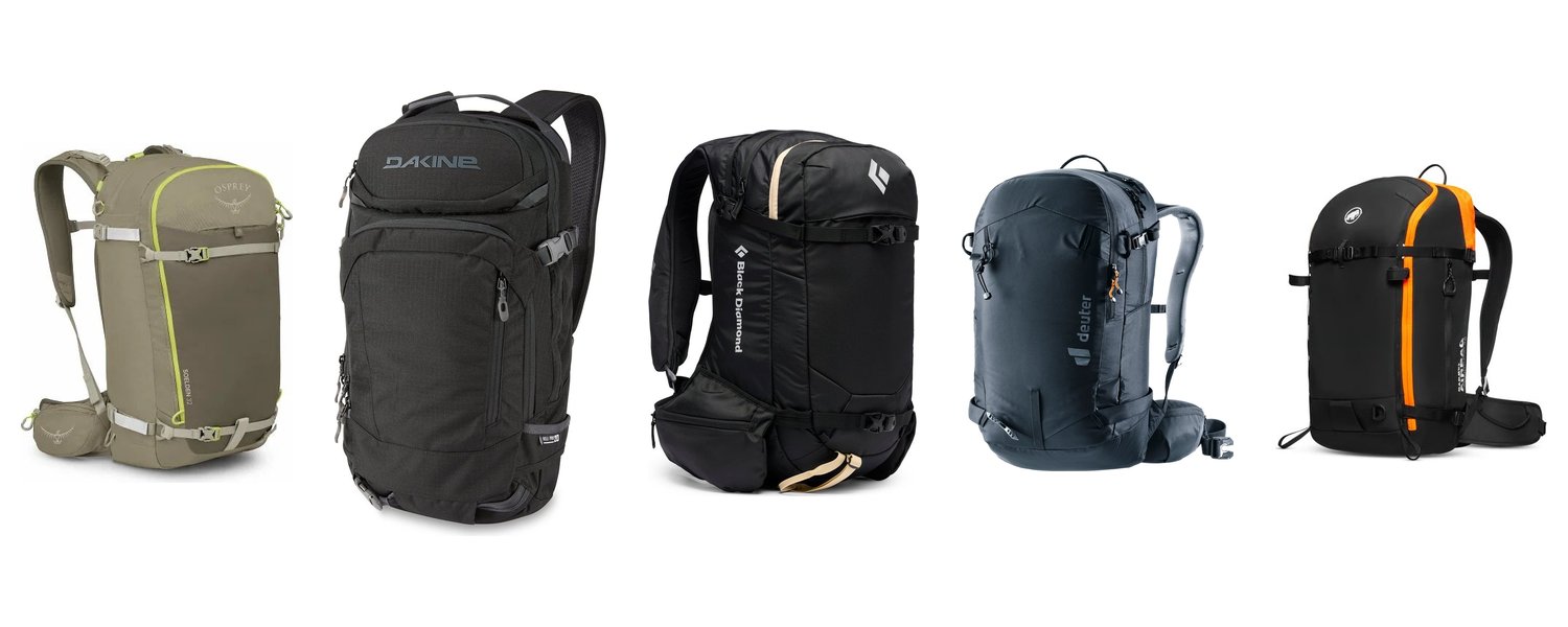 Product lineup: Osprey Soelden 32, Dakine Heli Pro 20L, Black Diamond Dawn Patrol 32, Deuter Freerider 30, Mammut Tour 30 Removable Airbag 3.0