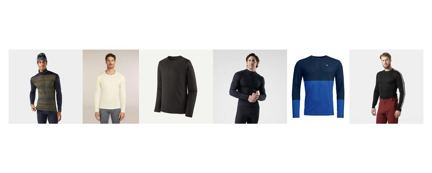 Base layer lineup: Smartwool, Icebreaker, Patagonia, Ortovox, Helly Hansen