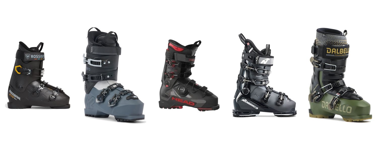 Ski boot lineup: Rossignol Evo 70, K2 BFC 80, Head Edge 110 HV BOA, Nordica Speedmachine 3 100, Dalbello Cabrio MV 130