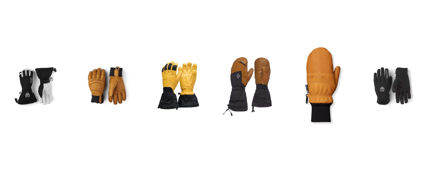 Product lineup: Hestra Army Leather Heli, Hestra Fall Line, Black Diamond Guide, Black Diamond Mercury Mitt, Flylow Oven Mitt, Hestra Ergo Grip Active