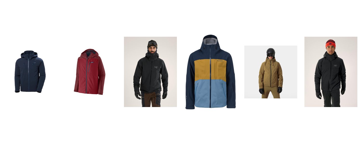 Product lineup: Helly Hansen Alpha 4.0, Patagonia Powder Town Insulated, Arcteryx Sabre, Flylow Malone, Helly Hansen Atlas Infinity Stretch, Arcteryx Macai