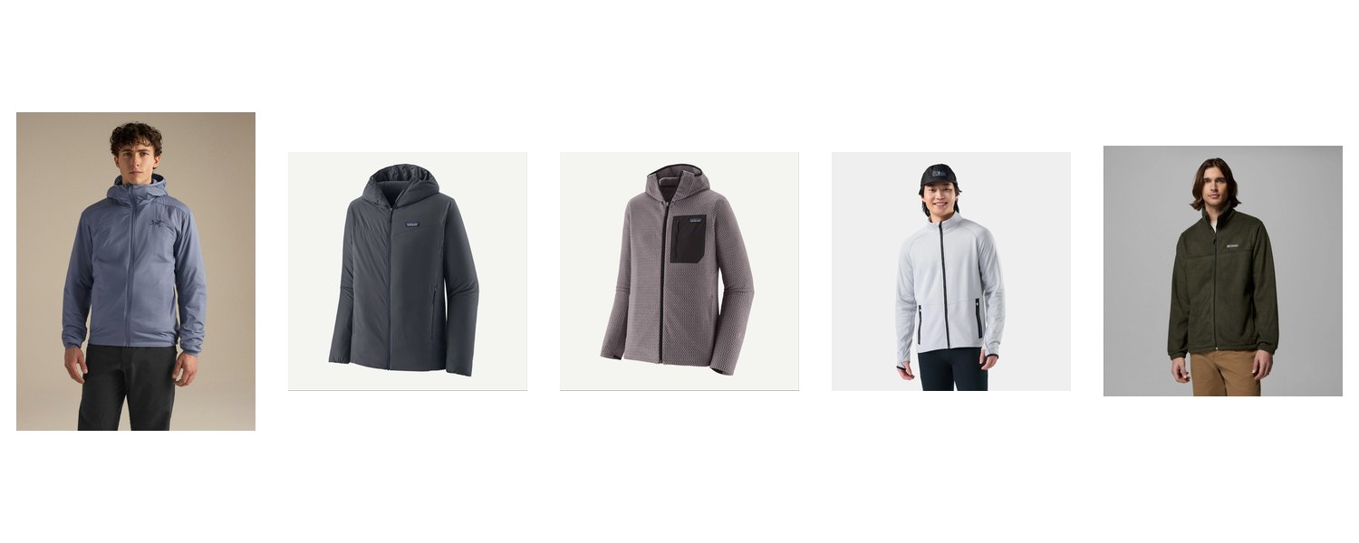 Product lineup: Arc'teryx Atom Hoody, Patagonia Nano-Air Light Hybrid Hoody, Patagonia R1 Air Full-Zip Hoody, Smartwool Active Fleece Jacket, Columbia Steens Mountain 2.0