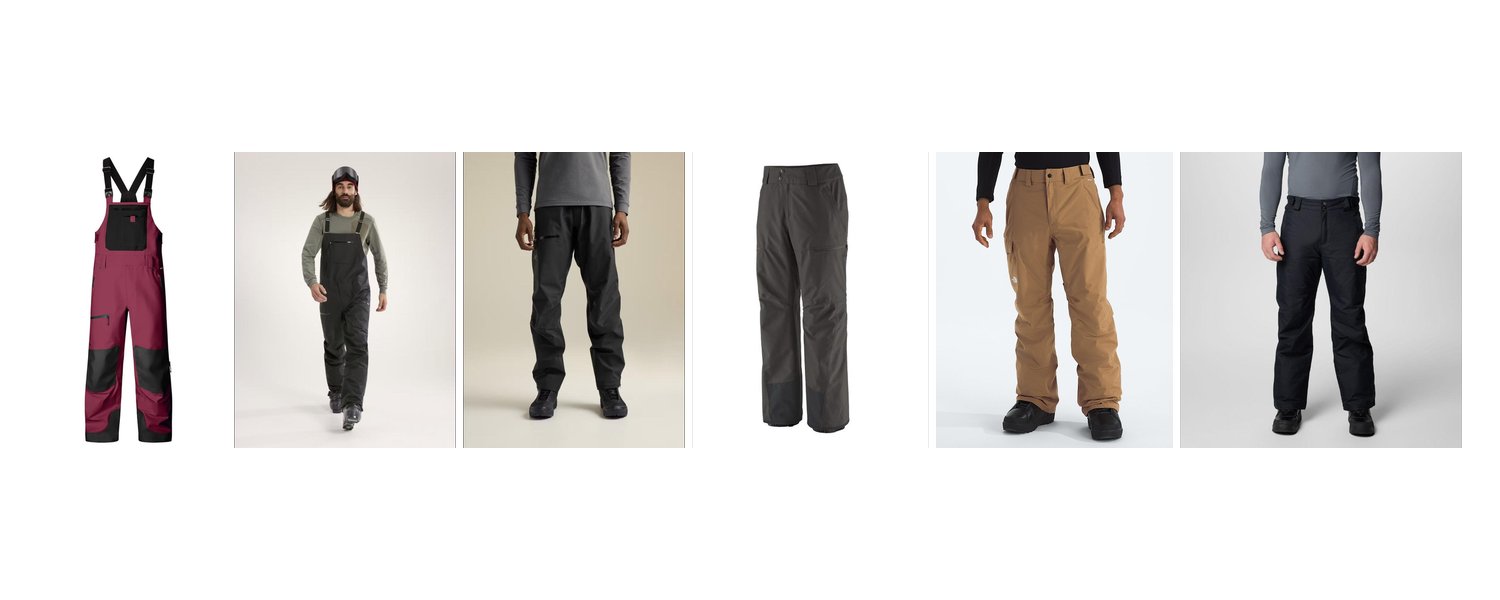 Product lineup: Flylow Baker Bib, Arc'teryx Sabre Bib Pant, Arc'teryx Beta Pant, Patagonia Powder Town Pants, The North Face Freedom Insulated Pant, Columbia Bugaboo V