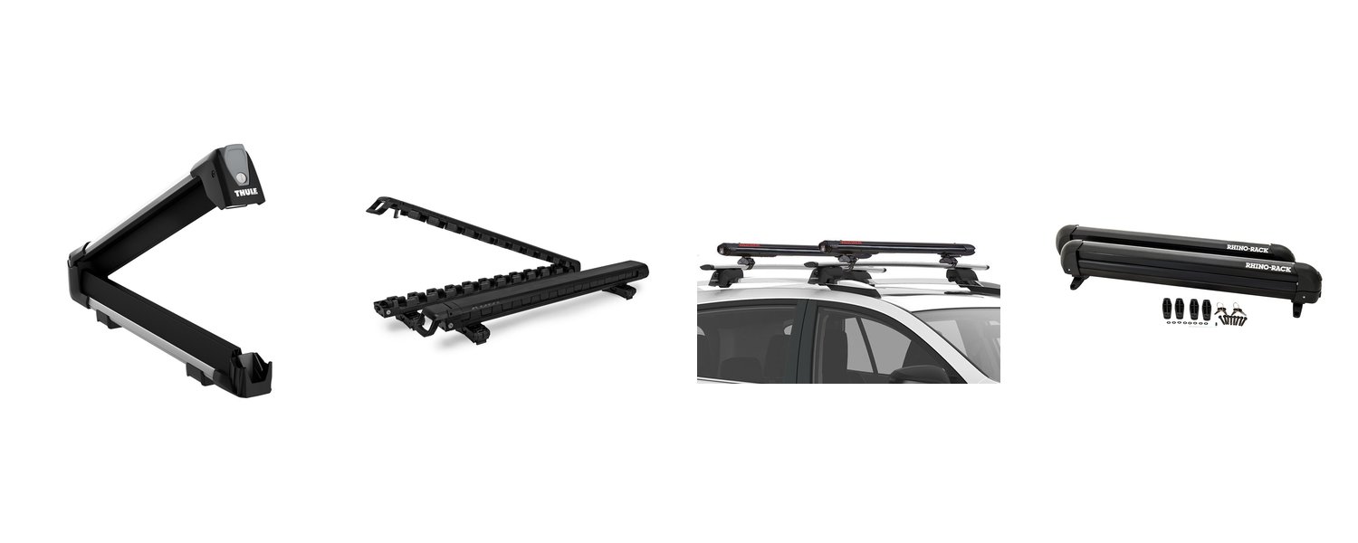 Ski and snowboard roof rack lineup: Thule SnowPack L, Kuat Grip 6, Yakima FatCat EVO 6, Rhino-Rack 576
