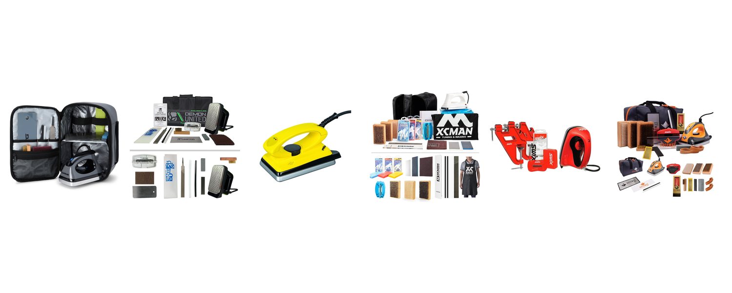 Ski tuning kit lineup: Dakine Super Tune Kit, Demon Complete Tune Kit, Swix Ultimate Alpine Kit, XCMAN Complete Tuning Kit, Toko T8 Iron, RaceWax Elite Kit
