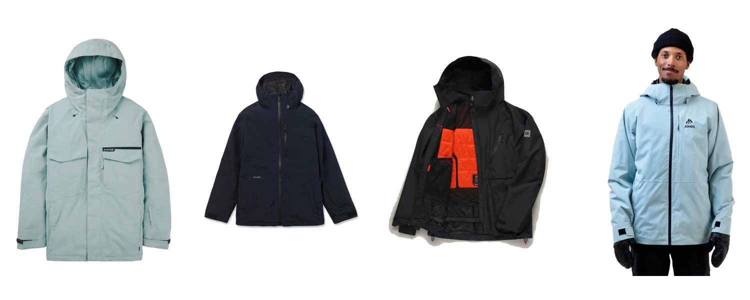 Snowboard jacket lineup: Burton Covert 2.0, Volcom L Gore-Tex, 686 Hydra Thermagraph, Jones MTN Surf
