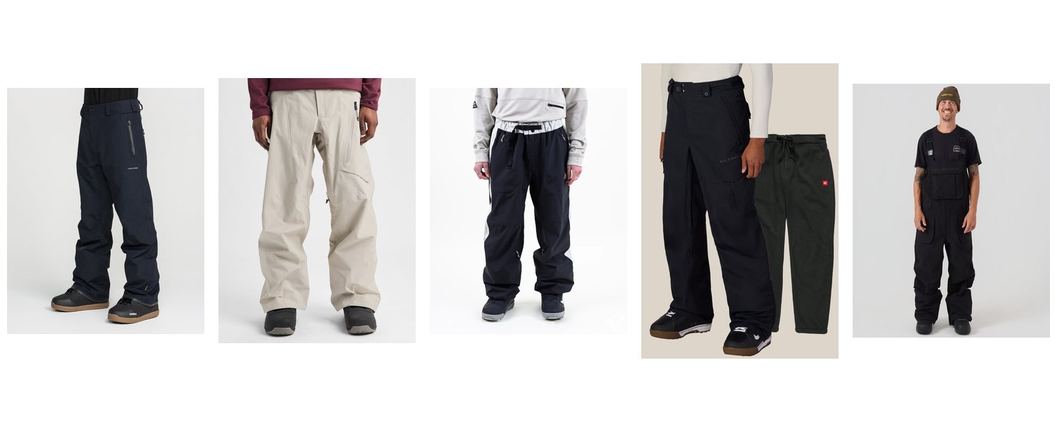 Snowboard pant lineup: Volcom L Gore-Tex, Burton ak Cyclic, Jones MTN Surf Tweaker, 686 Smarty 3-in-1 Cargo, ThirtyTwo Basement Bib