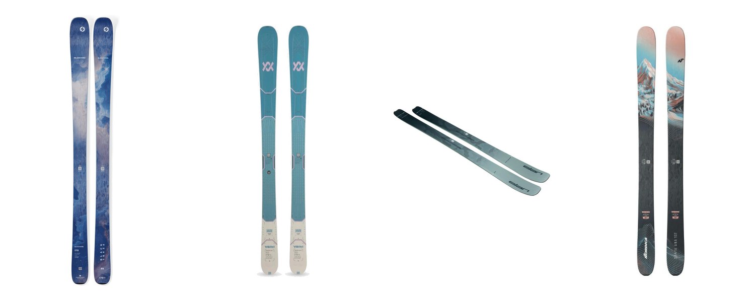 Women's all-mountain ski lineup: Blizzard Black Pearl 88, Volkl Mantra 88 W, Elan Ripstick 100 W, Nordica Santa Ana 102