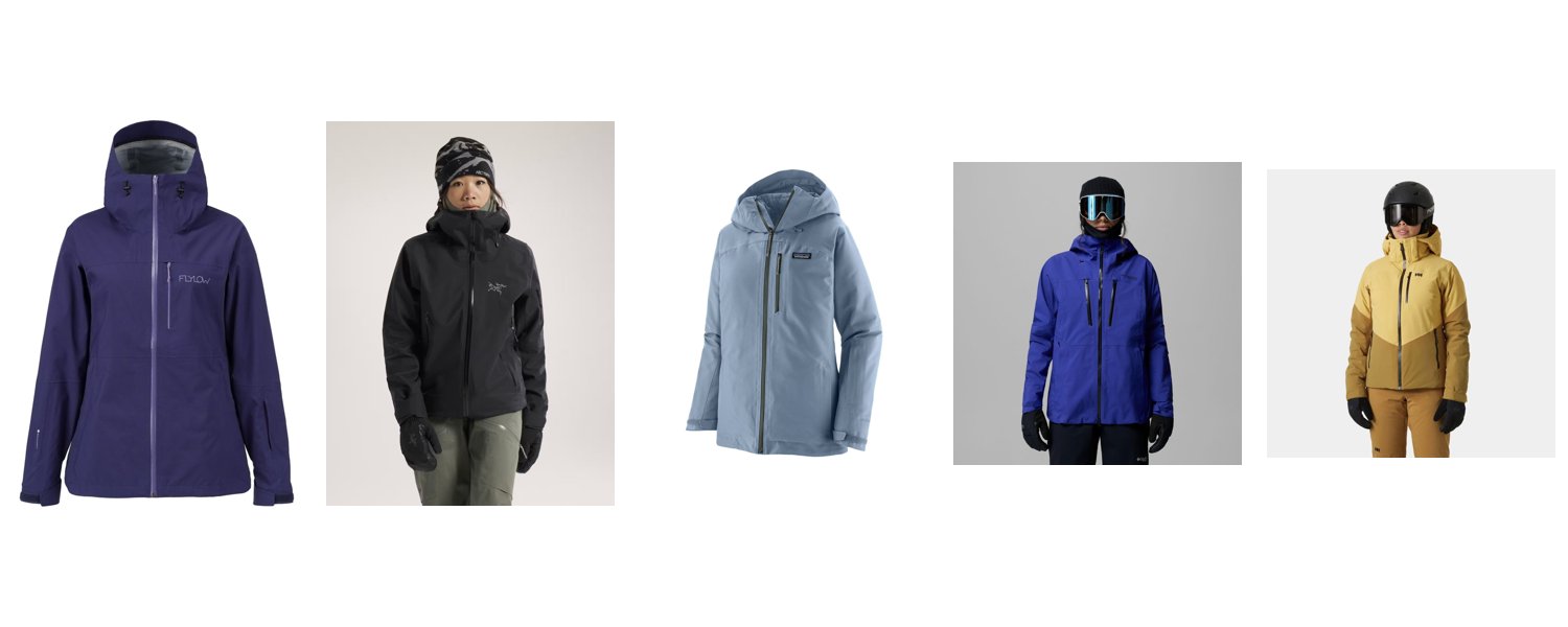 Product lineup: Flylow Lucy, Arc'teryx Sentinel, Patagonia Insulated Powder Town, Columbia Platinum Peak II 3L, Helly Hansen Alphelia
