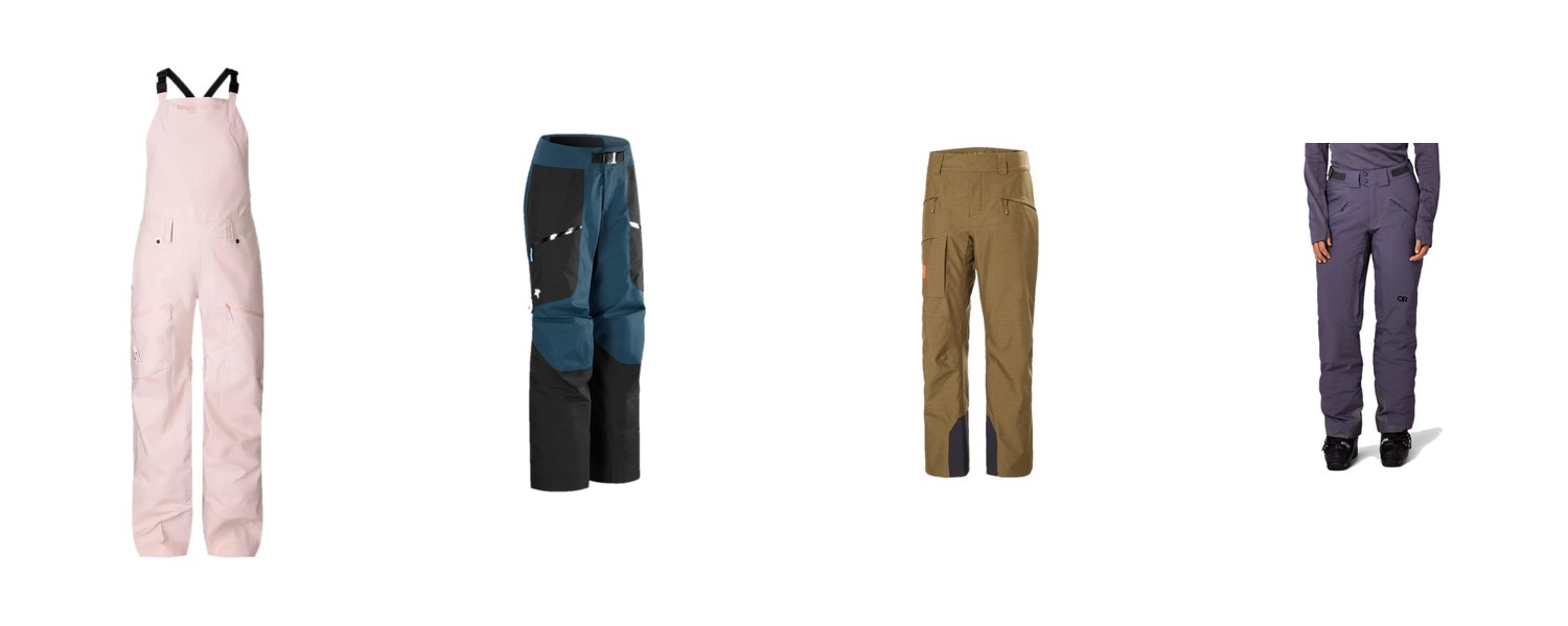 Women's ski pant lineup: Flylow Foxy Bib, Arc'teryx Sentinel Pant, Helly Hansen Powderqueen, Outdoor Research Snowcrew