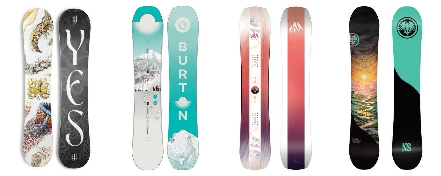 Women's snowboard lineup: YES Hell Yes, Burton Feelgood Camber, Jones Twin Sister, Never Summer Infinity