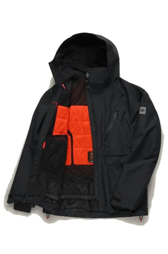 686 Hydra Thermagraph jacket in black, open to show orange body-mapped insulation