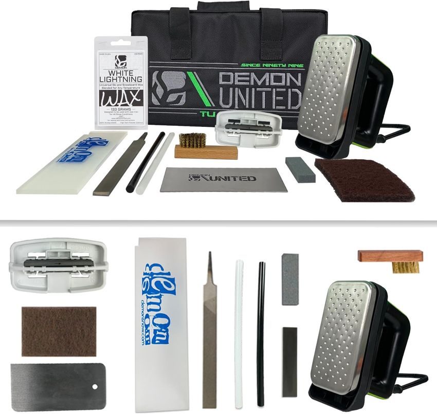 Demon Complete Tune Kit with iron, wax, edge tools, brushes, and P-Tex laid out