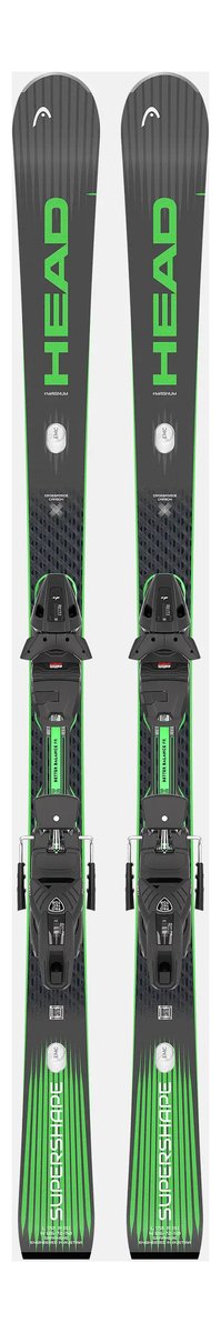 Head Supershape e-Magnum skis in anthracite and green with Protector system bindings, top view