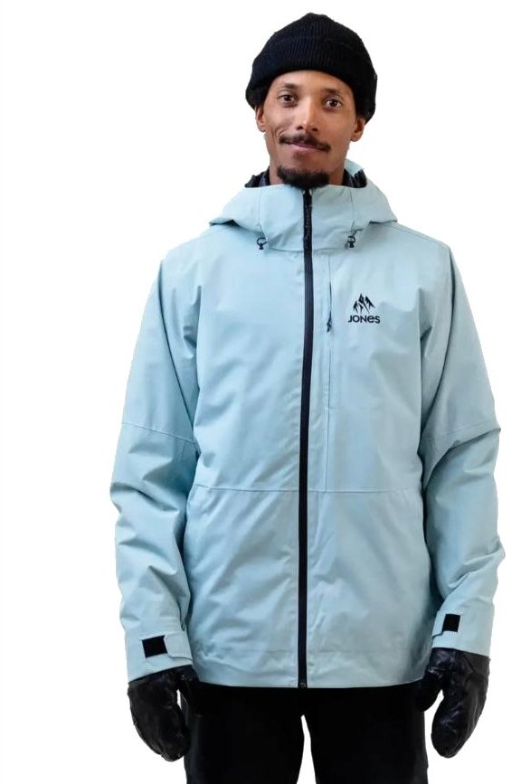 Jones MTN Surf Recycled jacket in arctic blue, front view on a rider