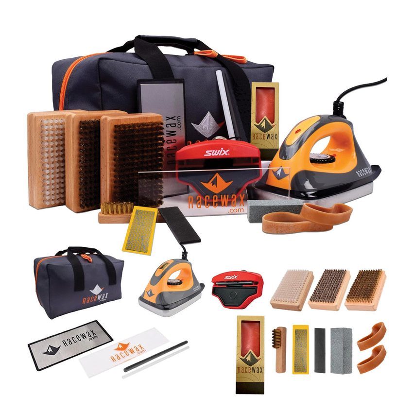 RaceWax Elite ski tuning kit with all-metal World Cup vise, iron, waxes, and edge tools