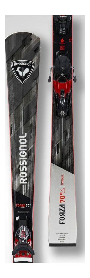 Rossignol Forza 70 Ti ski shown in top view beside its base with SPX binding