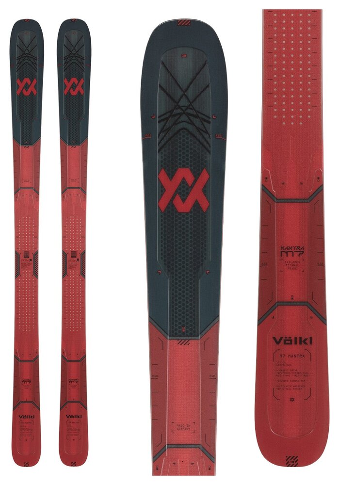 Volkl M7 Mantra all-mountain skis, tip and tail view